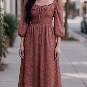 CODE X MODE Rust Brown Floral Dress M Midi Smocked Boho Prairie